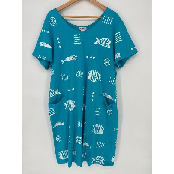 M MAC Rock Fish T Shirt Dress Women 1X Knee Aqua Summer Beach Resort Lagenlook - Picture 1 of 10